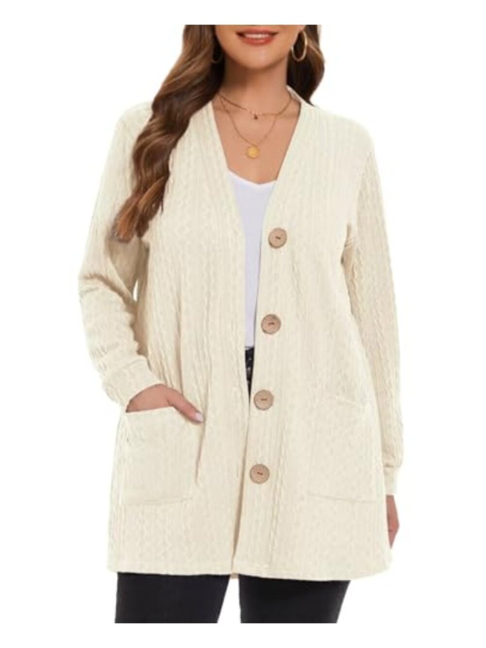 Cable Knit Open Front Cardigan Button Down Long Sleeve Plus Size Sweater